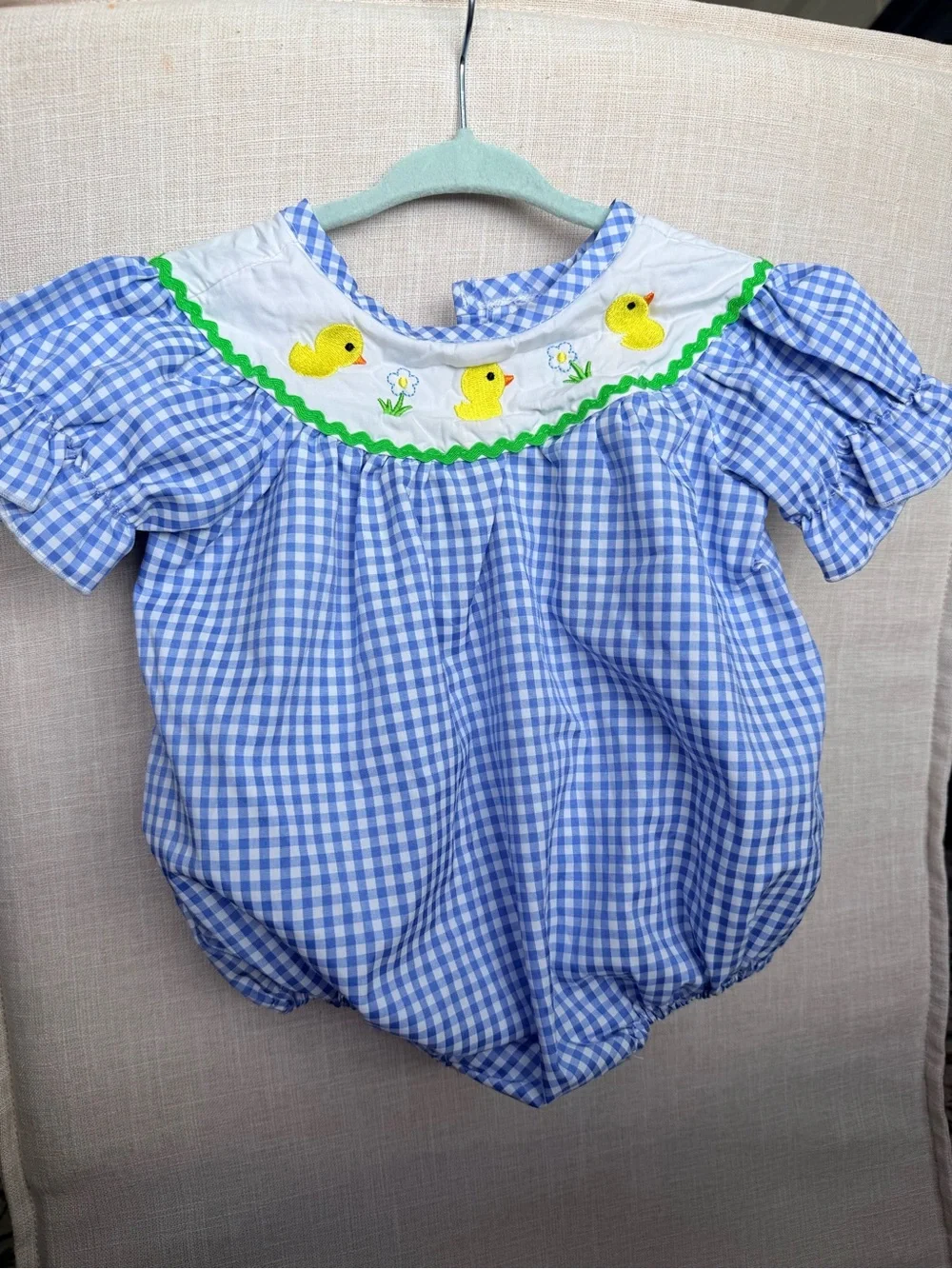 Blue Gingham Baby Bubble with Yellow Duck Embroidery